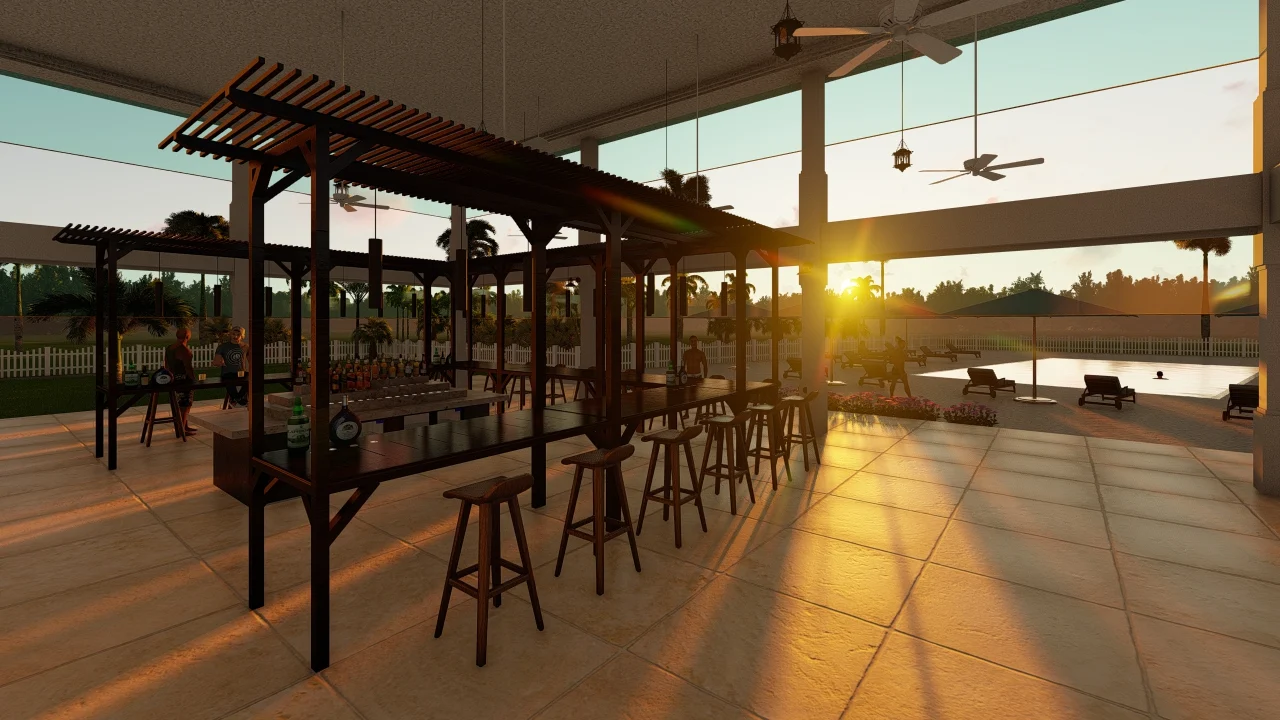 Bar en teck au coucher de soleil