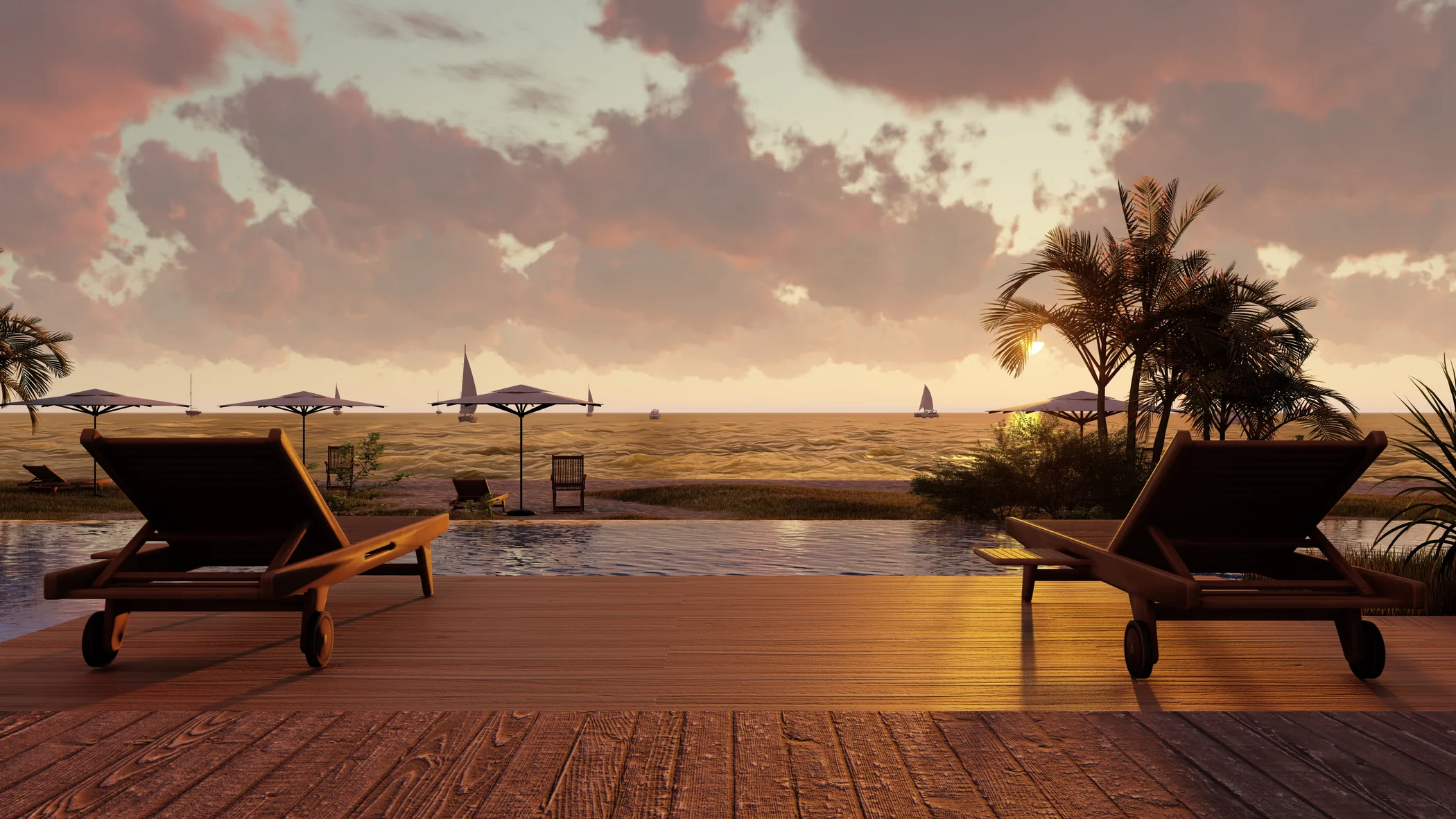 Mobilier en teck Fourmi Rouge au coucher de soleil